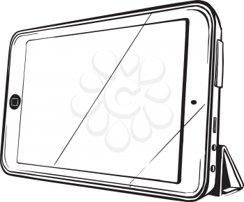 Modern tablet pictured from the side with a blank screen, black and white hand-drawn vector illustration