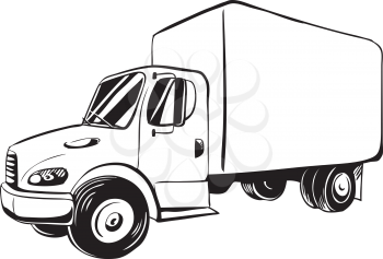 Side view of a service or delivery van for commercial transportation, black and white vector illustration - doodle
