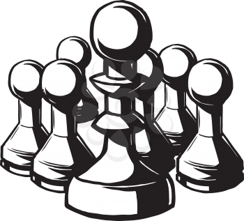 Hand drawn vector illustration of a group of many chess pieces conceptual of challenge, planning, skill and strategy