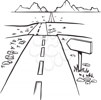 Black and white hand drawn sketch of a straight road disappearing into the distance over a series of undulations with a blank roadsign in the foreground