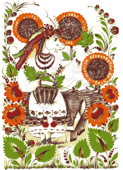 nanny-goat in cartoon style, hand drawn, vector, illustration in Ukrainian folk style