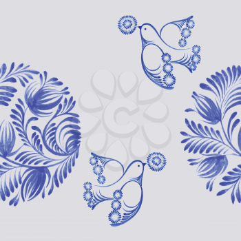 Seamless floral pattern, hand drawn, vector, illustration in Ukrainian folk style