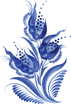 blue, flower composition, hand drawn, illustration in Ukrainian folk style