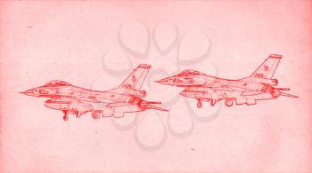 Grungy technical drawing or blueprint illustration on red background, fighter jets