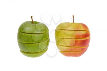 A sliced green and red apple isolated on a white background