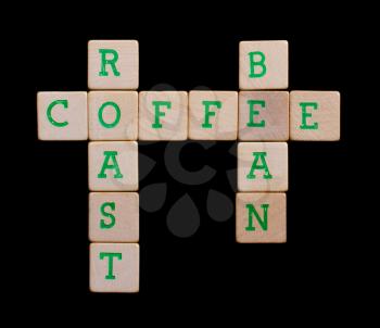 Green letters on old wooden blocks (coffee, roast, bean)