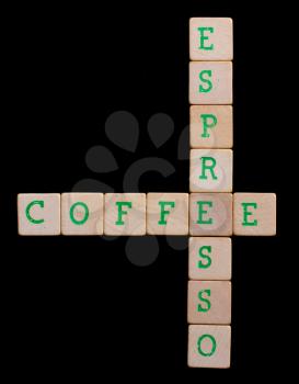Green letters on old wooden blocks (coffee, espresso)