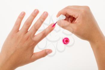 Painting female fingernails with pink enamel close-up on white background