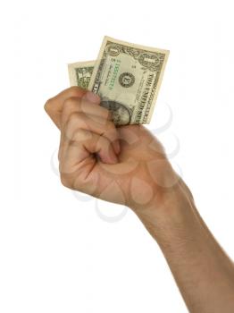 Man holding a one dollar bill in his hand, isolated on white