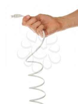 Young man keeping UTP cable, white background