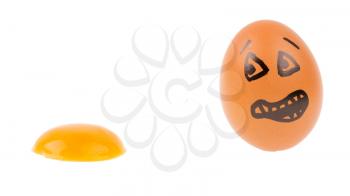 Scared egg looking at it's dead buddy, isolated