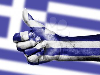 Greek flag on thumbs up hand isolated on a flag background