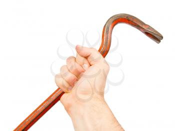Hand holding old red crowbar on a white background