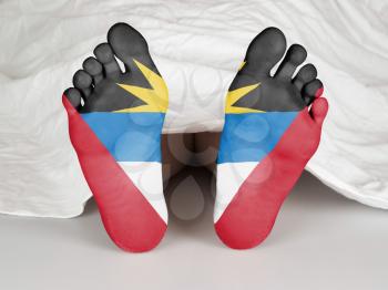 Feet with flag, sleeping or death concept, flag of Antigua and Barbuda