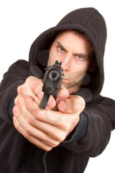 Man with a gun, isolated on a white background