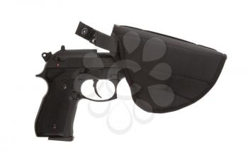 9mm Pistol in a flexible holster, isolated on White