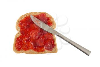 Slice of brown bread with jam isolated on white