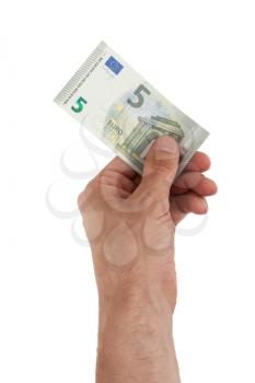Male hand holding a new 5 Euro bills, isolated on white