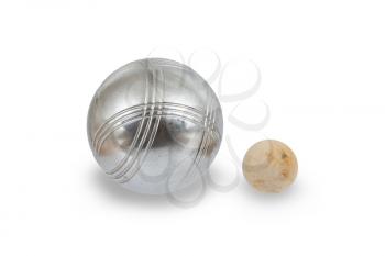 Game of jeu de boule, silver metal ball close to the small wooden ball. A french ball game