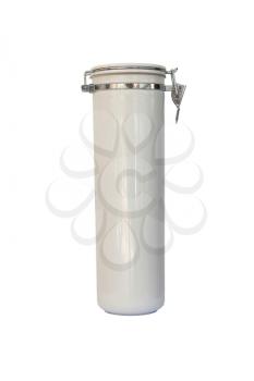 Cylindrical shaped metal gift container on white background