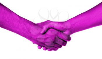 Shaking hands of two people, male and female, pink skin