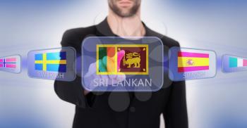 Hand pushing on a touch screen interface, choosing language or country, Sri Lanka
