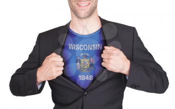Businessman opening suit to reveal shirt with state flag (USA), Wisconsin