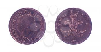 British two pence piece over a white background