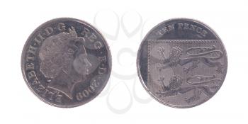 Ten Pence coin over a white background