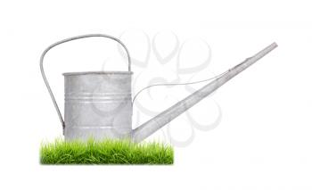 Aged metallic watering can isolated on white background