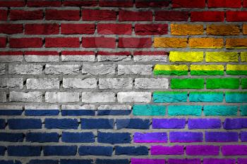 Dark brick wall texture - coutry flag and rainbow flag painted on wall - Netherlands
