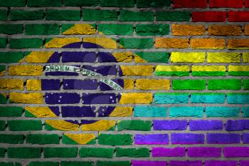 Dark brick wall texture - coutry flag and rainbow flag painted on wall - Brazil