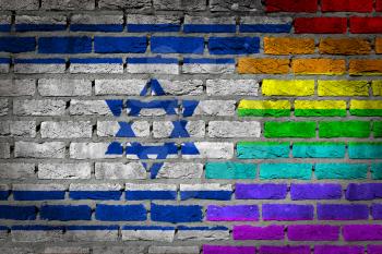 Dark brick wall texture - coutry flag and rainbow flag painted on wall - Israel
