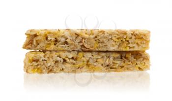 Muesli bar with apple, nuts and sugar isolated on white