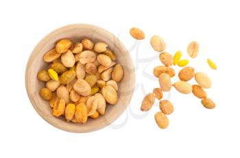 Fresh mixed salted nuts in a bowl, peanut mix, isolated on white