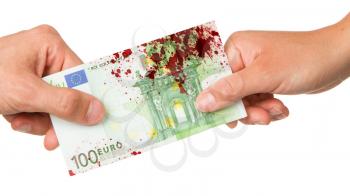 Man giving 100 euro to a woman, isolated on white, bloody