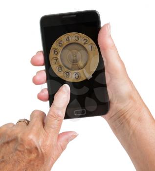 Senior woman hand with smart phone isolated, old fashion dial, isolated
