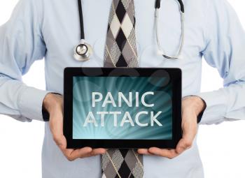 Doctor, isolated on white backgroun,  holding digital tablet - Panic attack