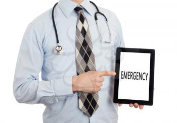 Doctor, isolated on white backgroun,  holding digital tablet - Emergency