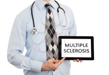 Doctor, isolated on white backgroun,  holding digital tablet - Multiple sclerosis