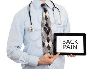 Doctor, isolated on white backgroun,  holding digital tablet - Back pain
