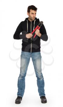 Robber with red bolt cutters, isolated on white