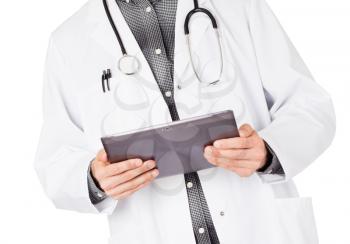 Doctor holding blank digital tablet with copy space and clipping path for the screen