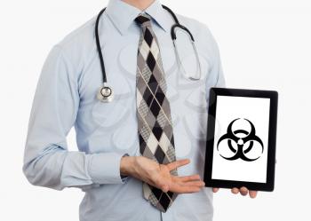 Doctor holding tablet, isolated on white - Warning! Biohazard!