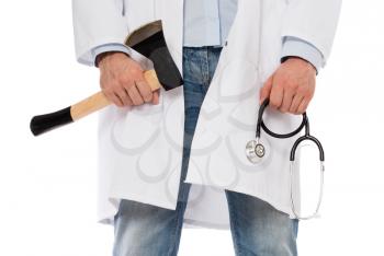 Evil medic holding a small axe and stethoscope, isolated on white