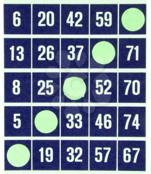 Blue bingo card being used (white chips)