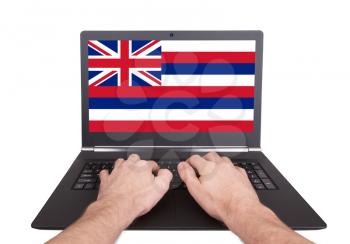 Hands working on laptop showing on the screen the flag of Hawaii