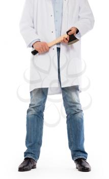 Evil medic holding a small axe, isolated on white