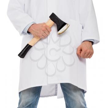 Evil medic holding a small axe, isolated on white