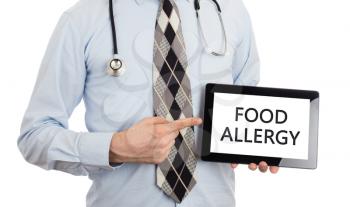 Doctor, isolated on white backgroun,  holding digital tablet - Food allergy